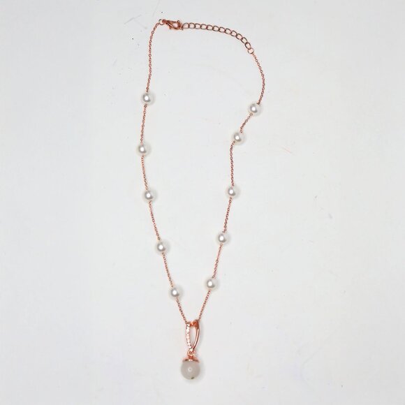 Rose Gold Tone Dainty Y-Lariat Necklace Faux Pearl Drop Modern Minimalist - Picture 4 of 8